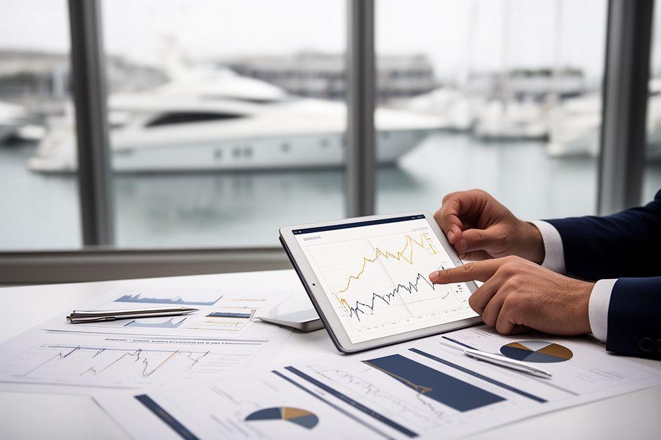 Consulente che analizza un portafoglio di investimento con grafici e sfondo marittimo, per il tema della diversificazione con asset nautici
