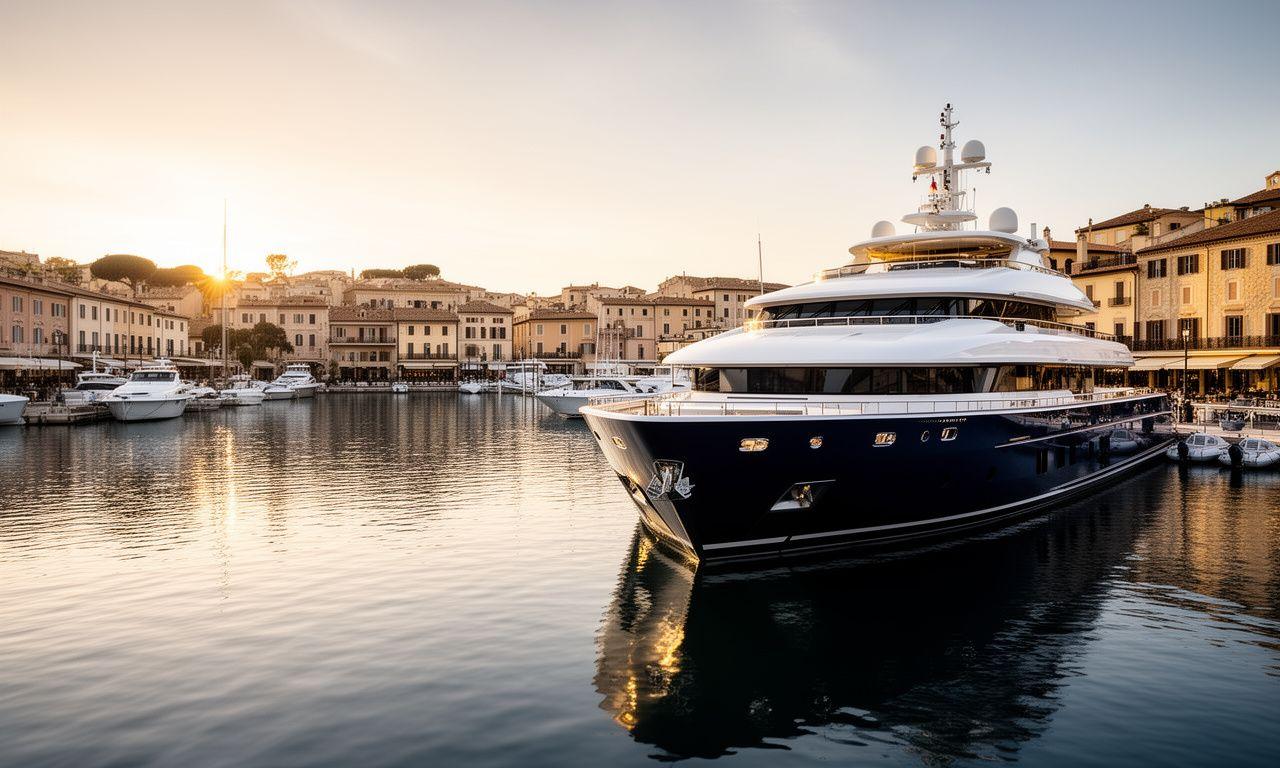Yacht di lusso ormeggiato in una marina elegante al tramonto