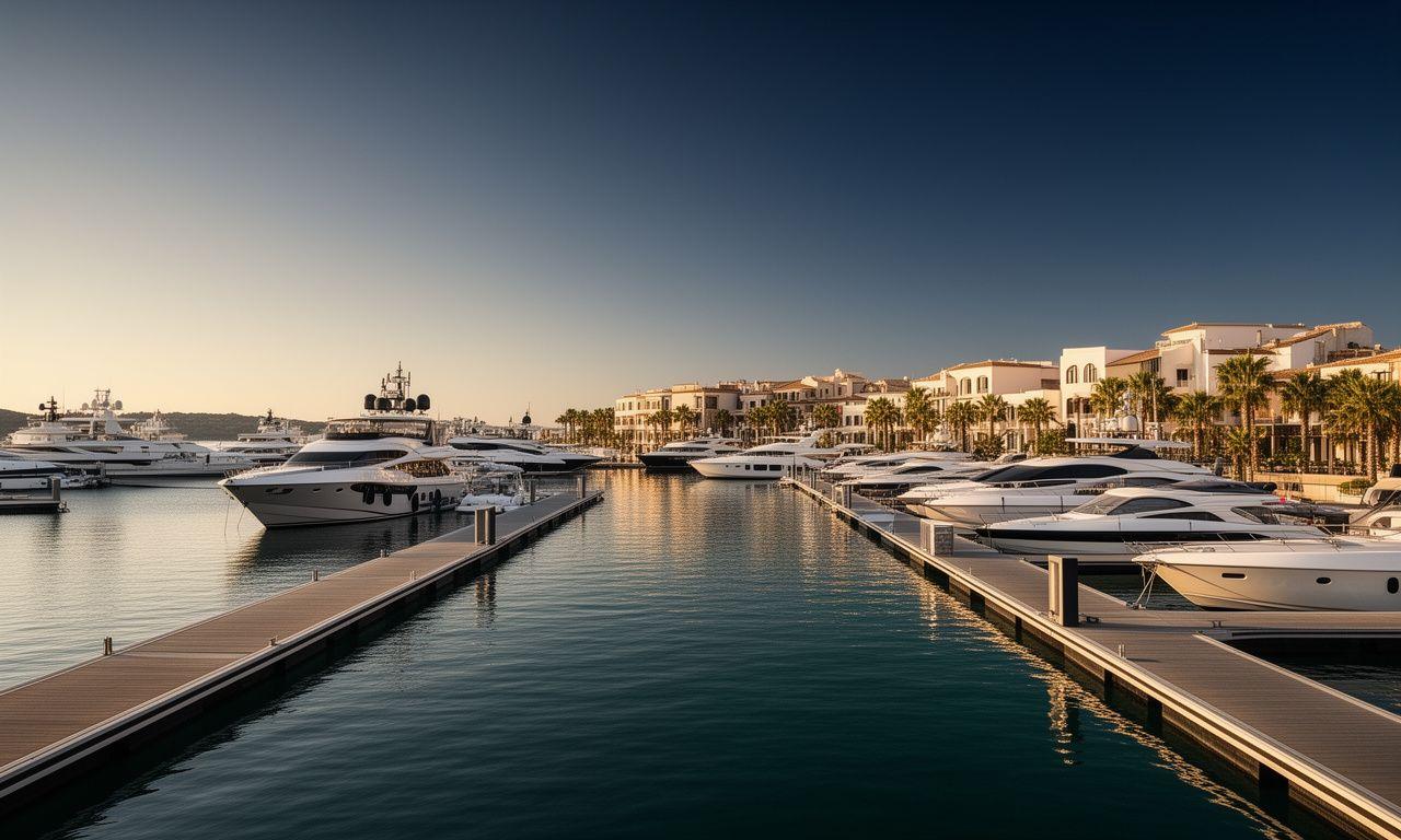 Vista elegante di un porto turistico mediterraneo con yacht ormeggiati e banchine moderne