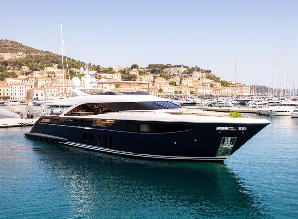 Yacht moderno con dettagli sostenibili e contesto portuale mediterraneo