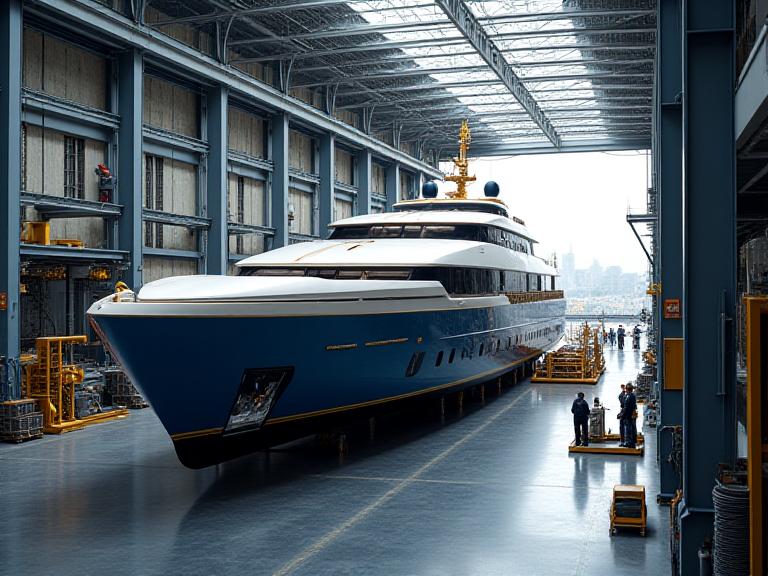 Cantiere navale moderno con yacht in costruzione e tecnici al lavoro