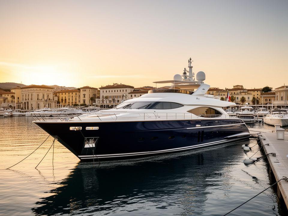 Yacht di lusso ormeggiato in un porto elegante al tramonto