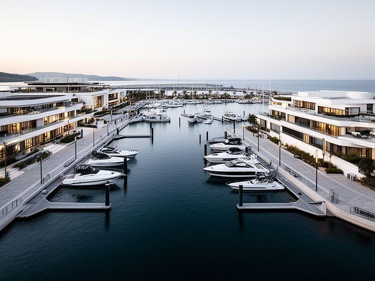 Marina moderna con posti barca e infrastrutture portuali turistiche
