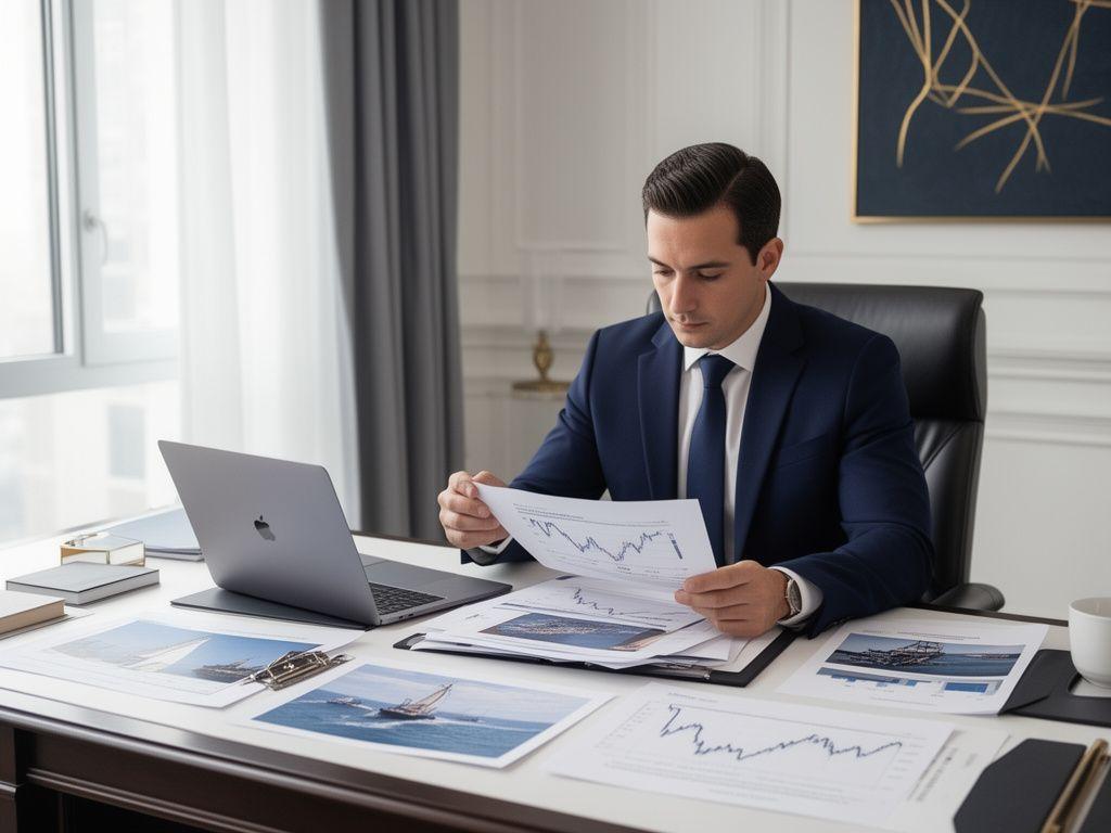 Consulente che analizza dati finanziari e documenti per investimenti nautici personalizzati